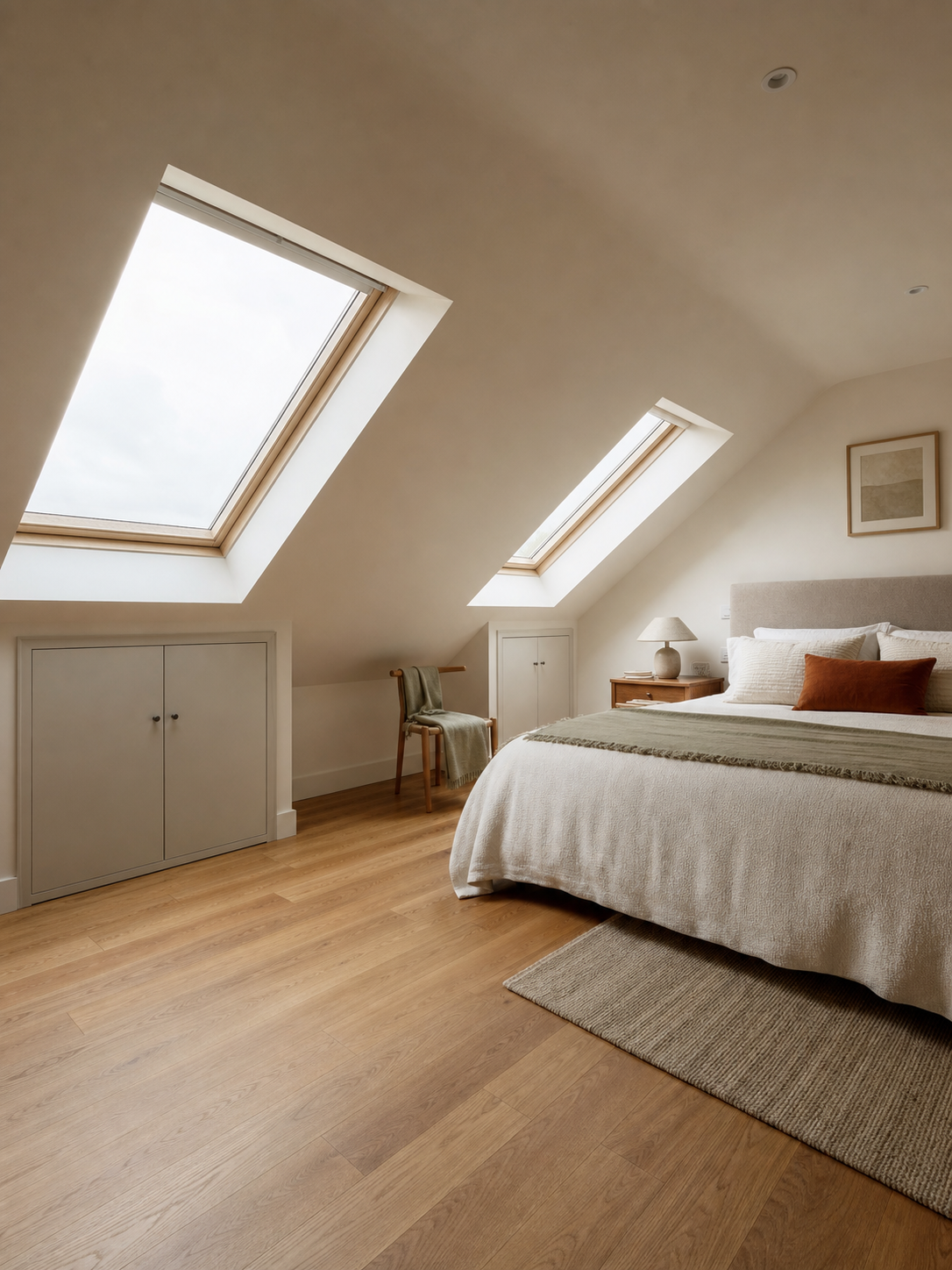 Wide completed attic bedroom with rooflights and natural morning light