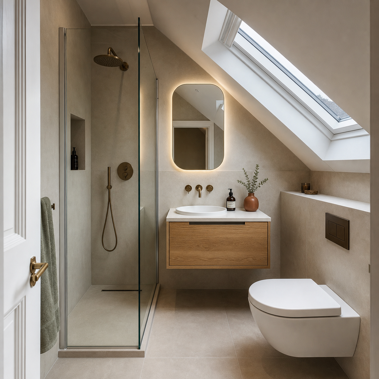 Modern attic ensuite bathroom with skylight, walk-in shower and wall-hung vanity