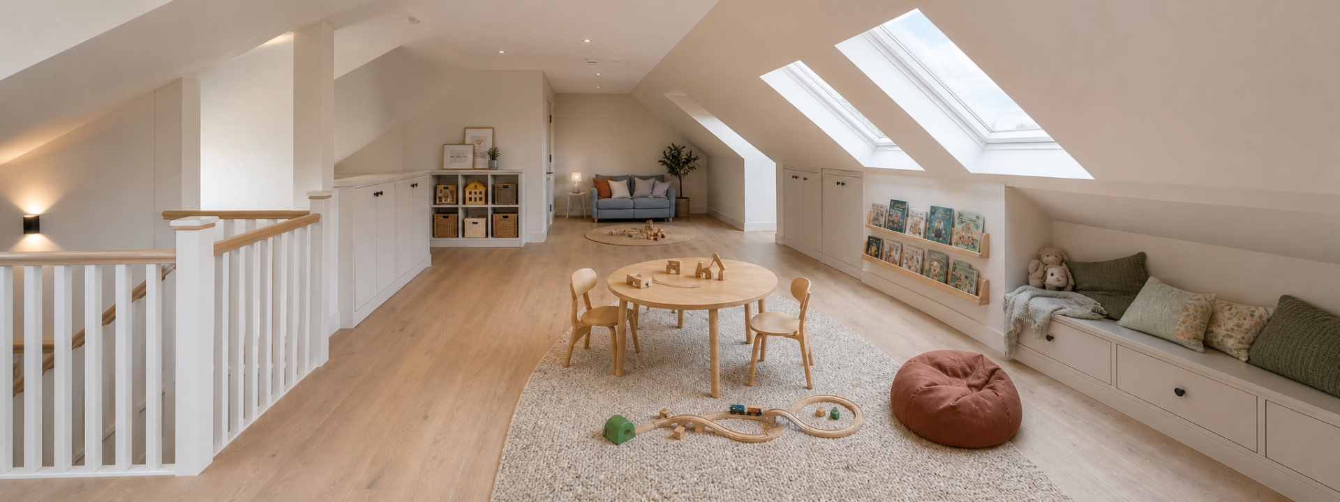 Bright attic playroom and family space with rooflights and built-in storage