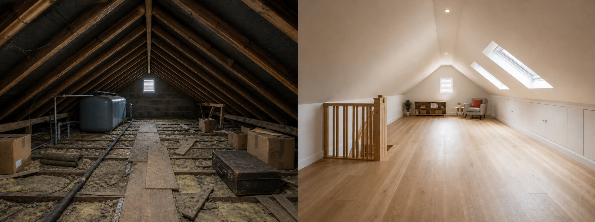 Before and after attic conversion — raw roof space transformed into a bright finished room