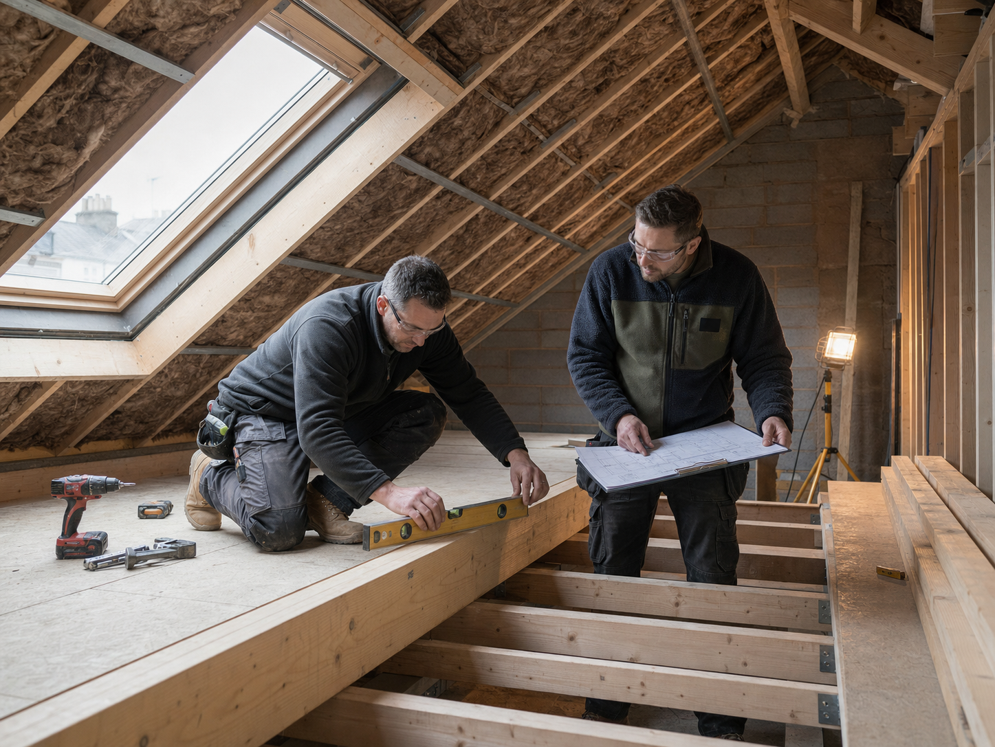 Two tradesmen reviewing plans while installing a timber floor structure in an attic
