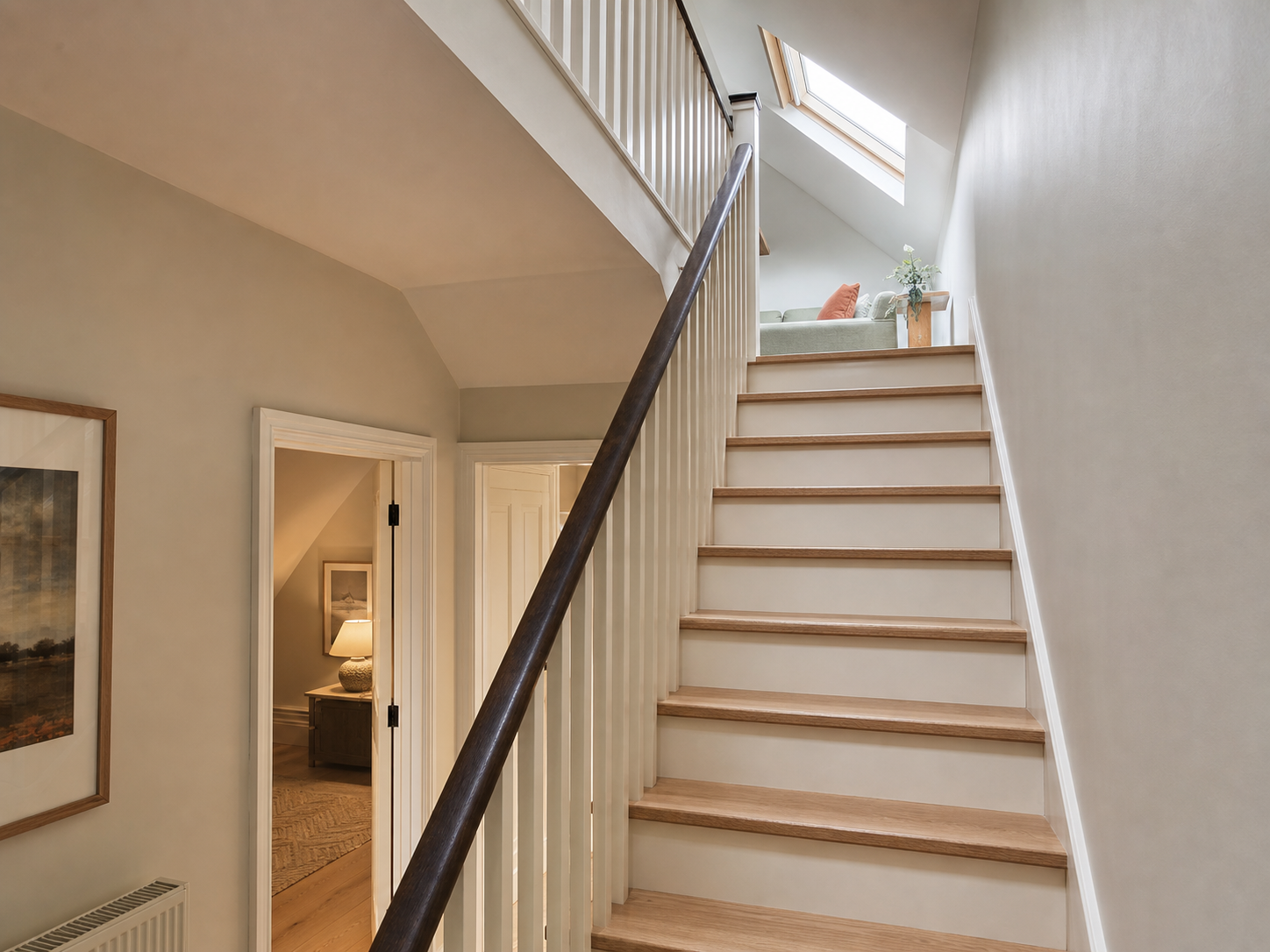 Bright staircase and landing leading to a finished attic conversion