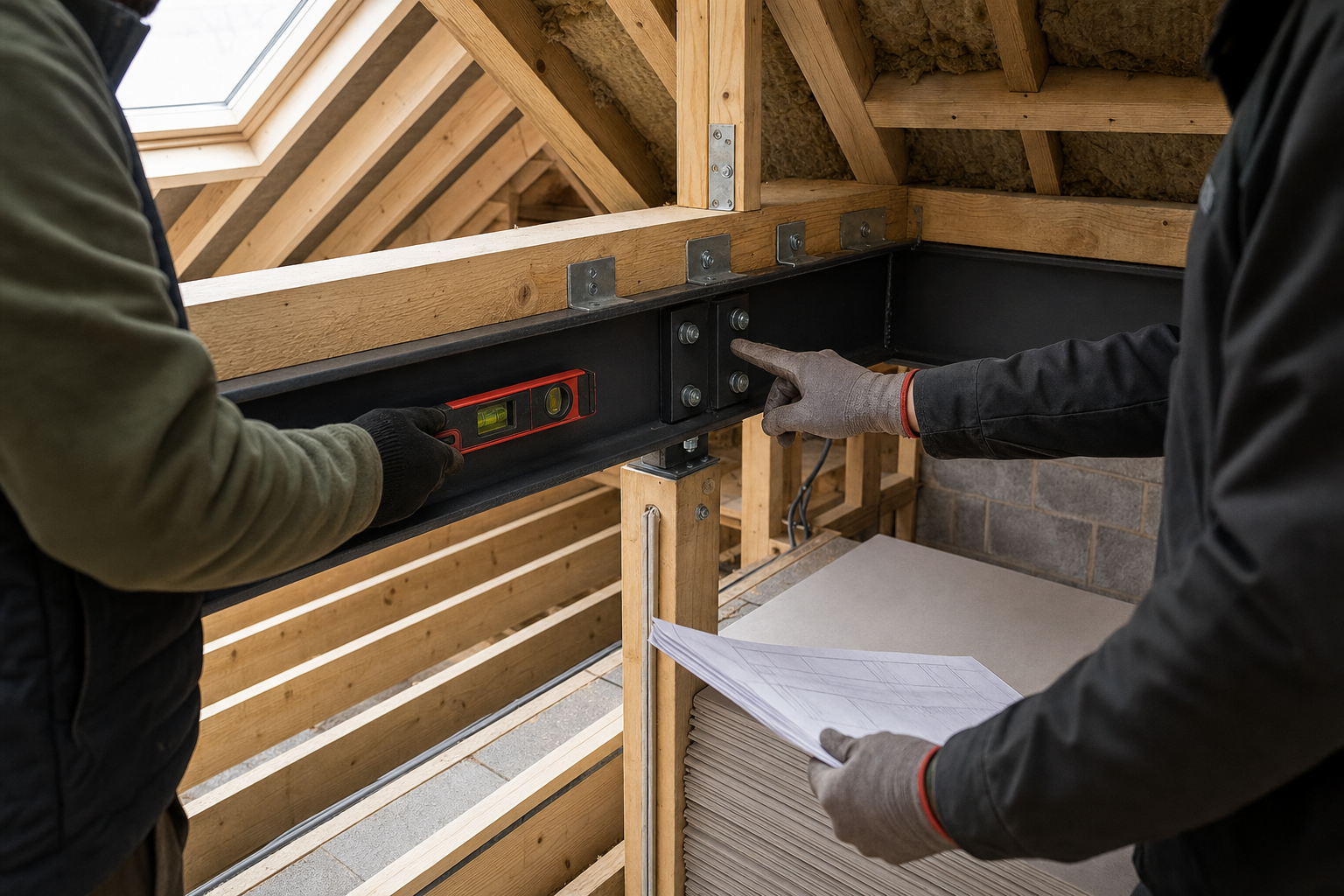 Structural steel beam installation inside an attic conversion